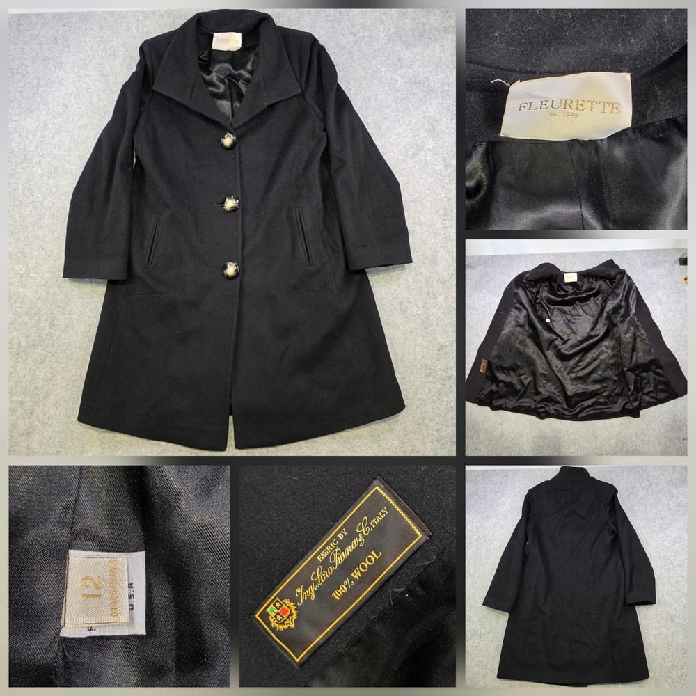 Fleurette Coat Womens 12 Black 100% Wool Loro Piana Lined Button Overcoat